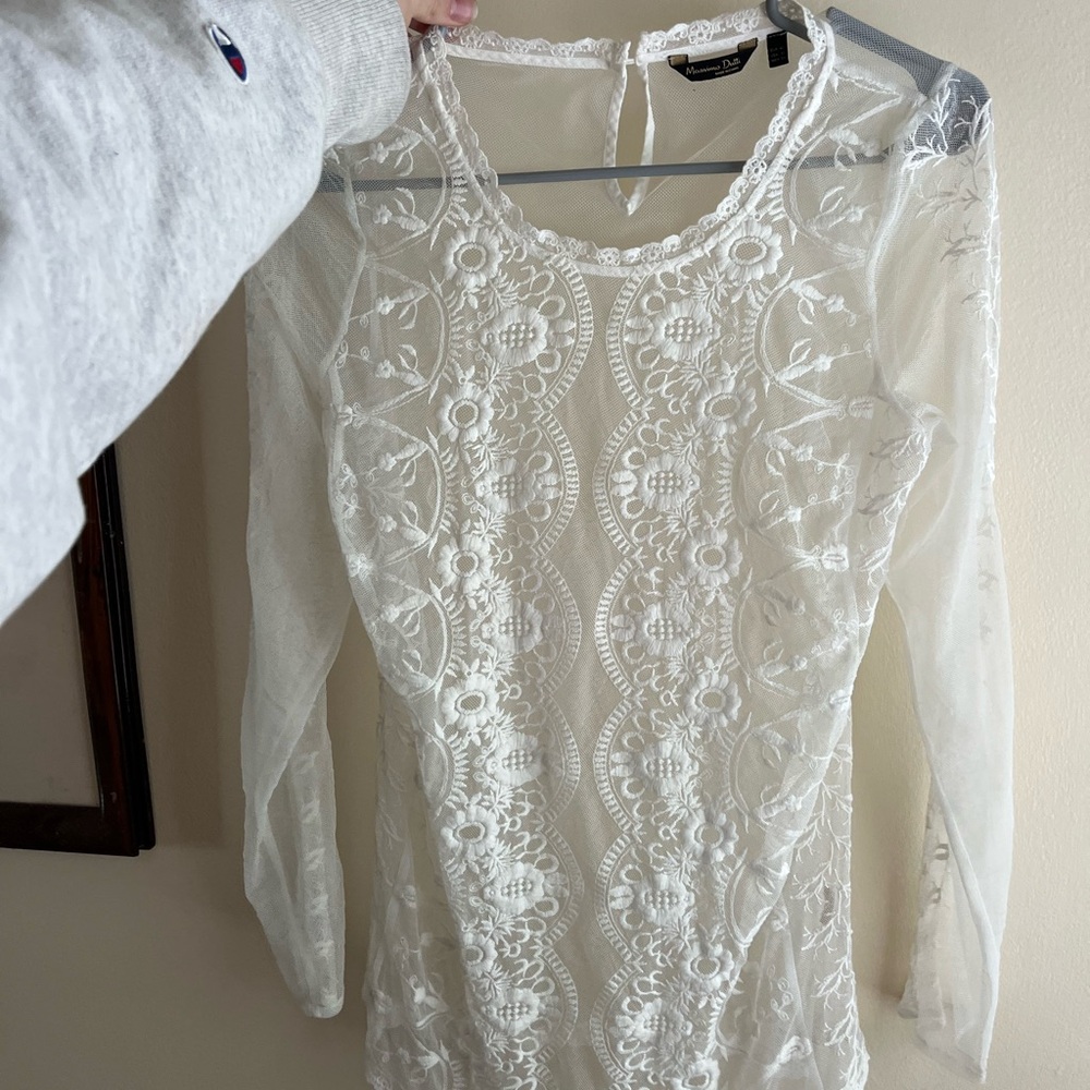 Massimo Dutti White Lace Long-Sleeve Dress
